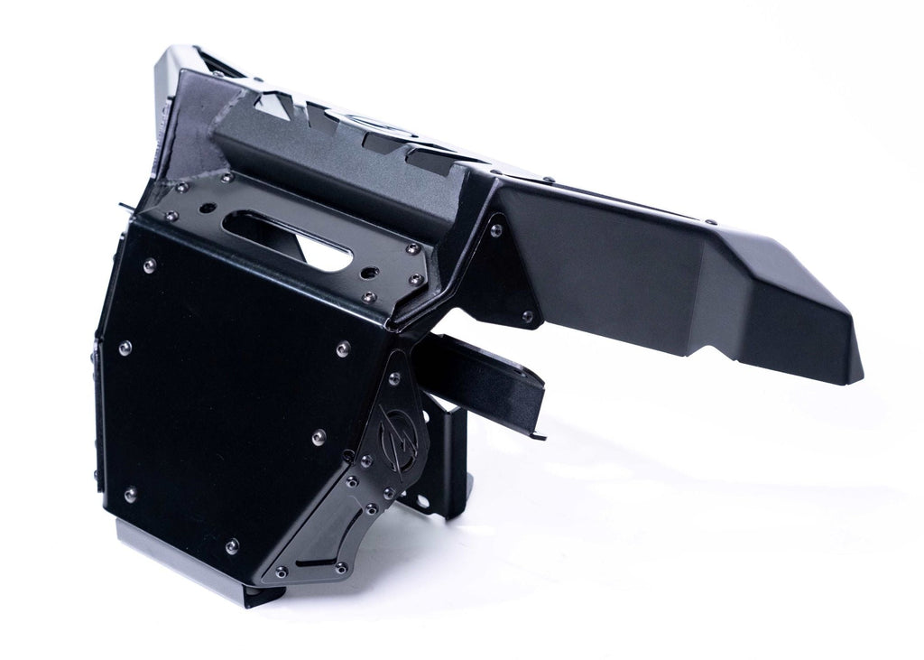 Volt Series Winch Front Bumper on Can-Am Maverick X3 with 10-inch LED light bar mounted showing forward lighting setup