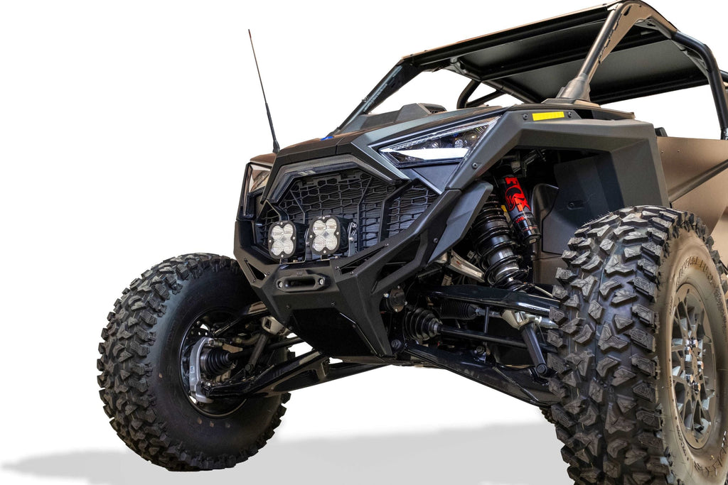 Volt Series Front Winch Bumper installed on 2022-2024 Polaris RZR Pro R showing hidden winch mount and hammer black finish