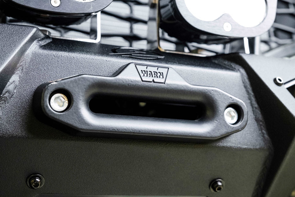 Hammer black powder coat and satin black panel finish on Polaris RZR Turbo R front winch bumper