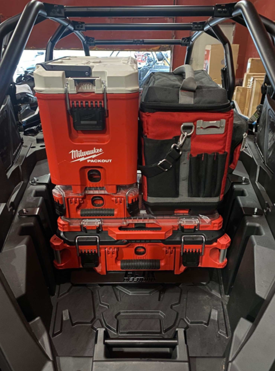 Polaris RZR PRO XP / Turbo R Packout Mount by AJK Offroad Wide View of Mount with Various Packouts Installed