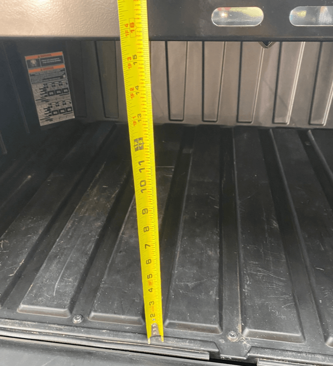 Polaris Xpedition Bed Tray by AJK Offroad  Back Close Up with Tape Measure Showing Height of 16 Inches