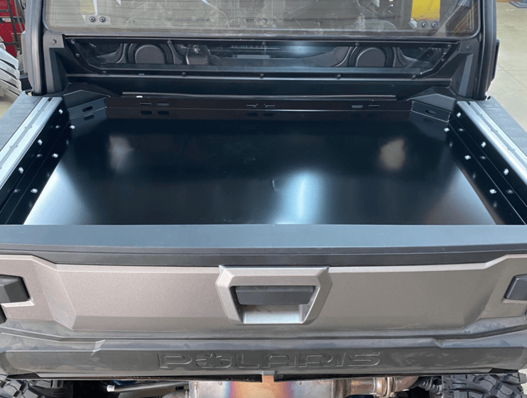 Polaris Xpedition Bed Tray by AJK Offroad Back View Mounted Lower with Tailgate Closed   