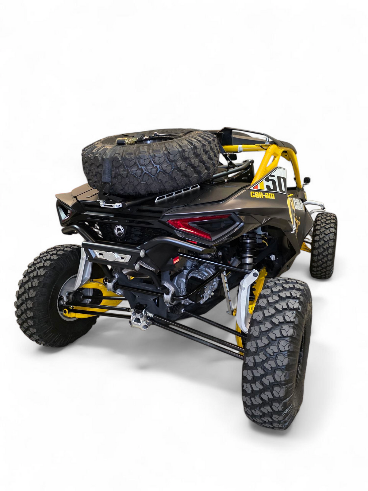 Can-Am Maverick R AMP Rear Bumper paired with Volt Tire Carrier showing complete rear setup
