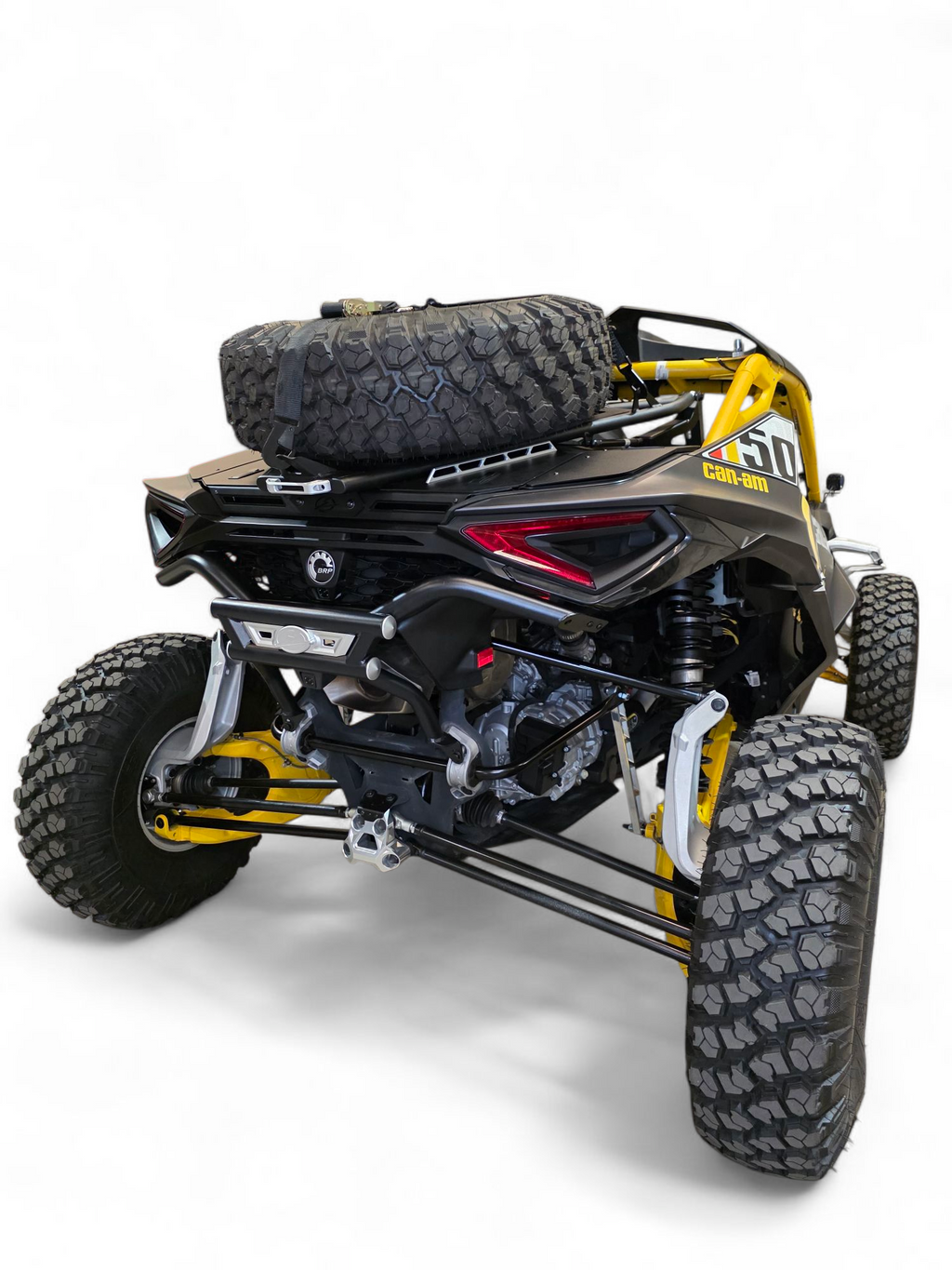Full machine rear view of Can-Am Maverick R fitted with AMP Rear Bumper and aggressive stance