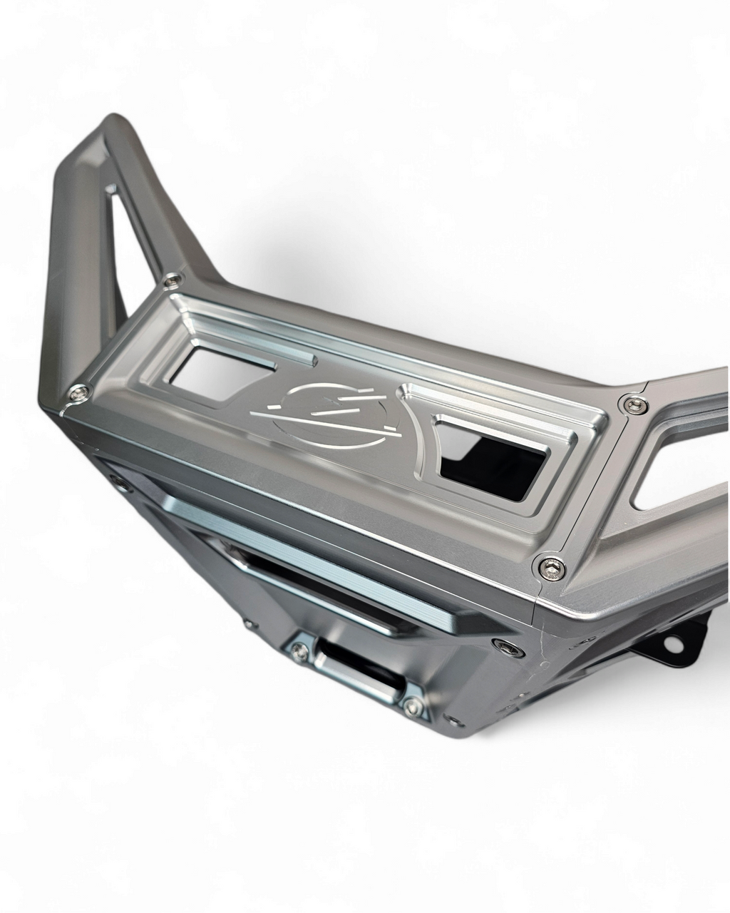 Direct front view of Can-Am Maverick X3 billet front winch bumper showing built-in fairlead slot and symmetrical design
