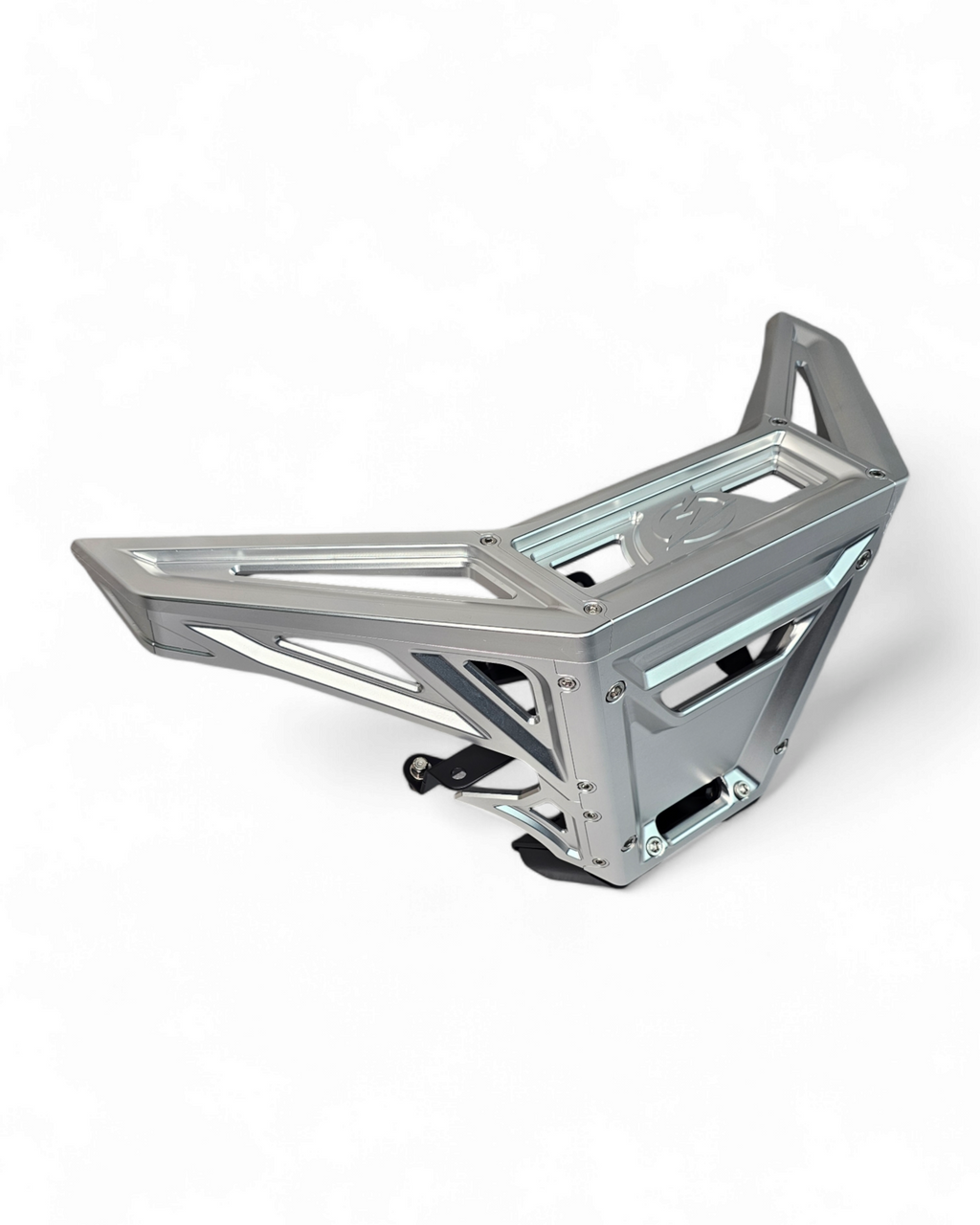 Can-Am Maverick X3 billet front winch bumper with round lights mounted showing forward lighting setup
