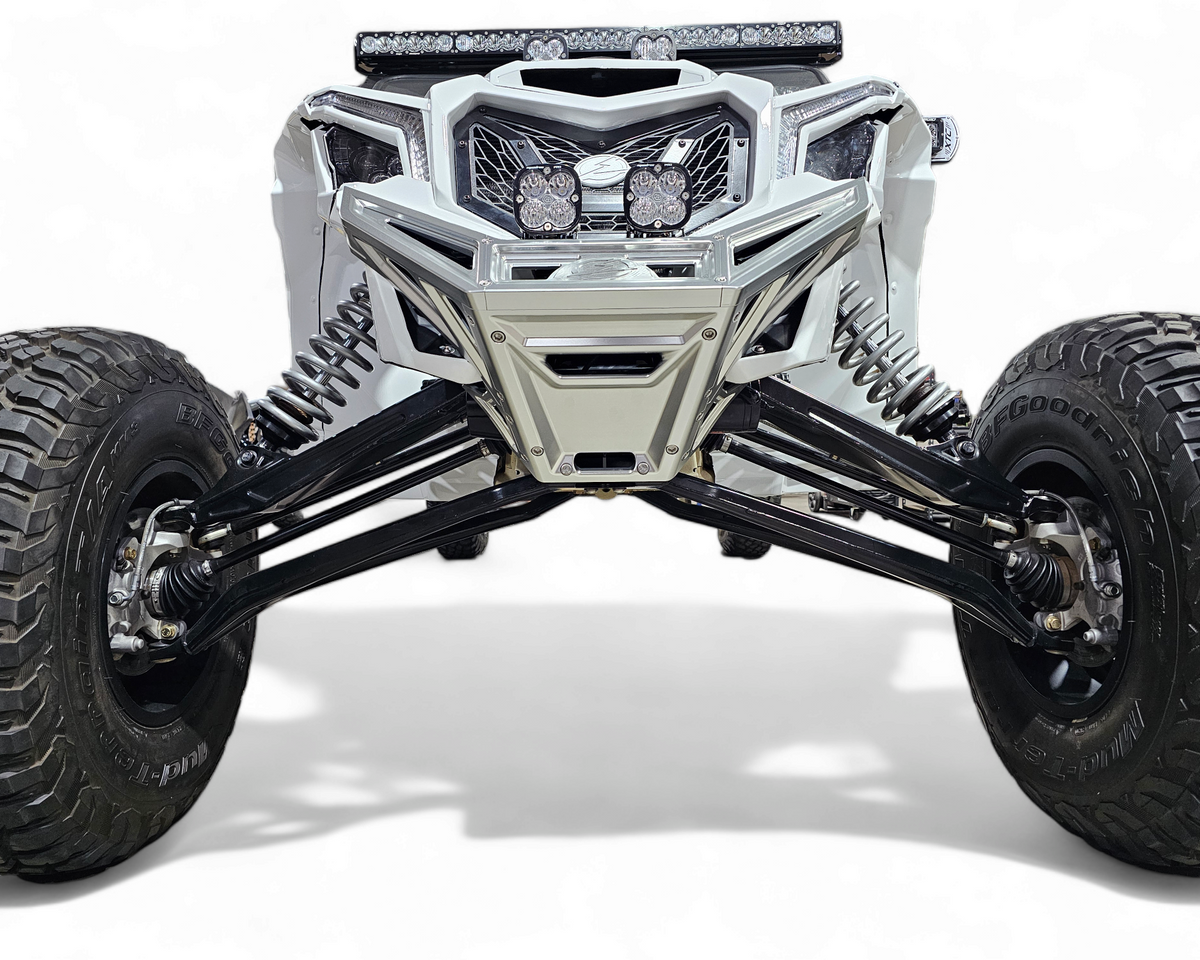 Rear structure view of Can-Am Maverick X3 billet front winch bumper showing steel winch mounting plate
