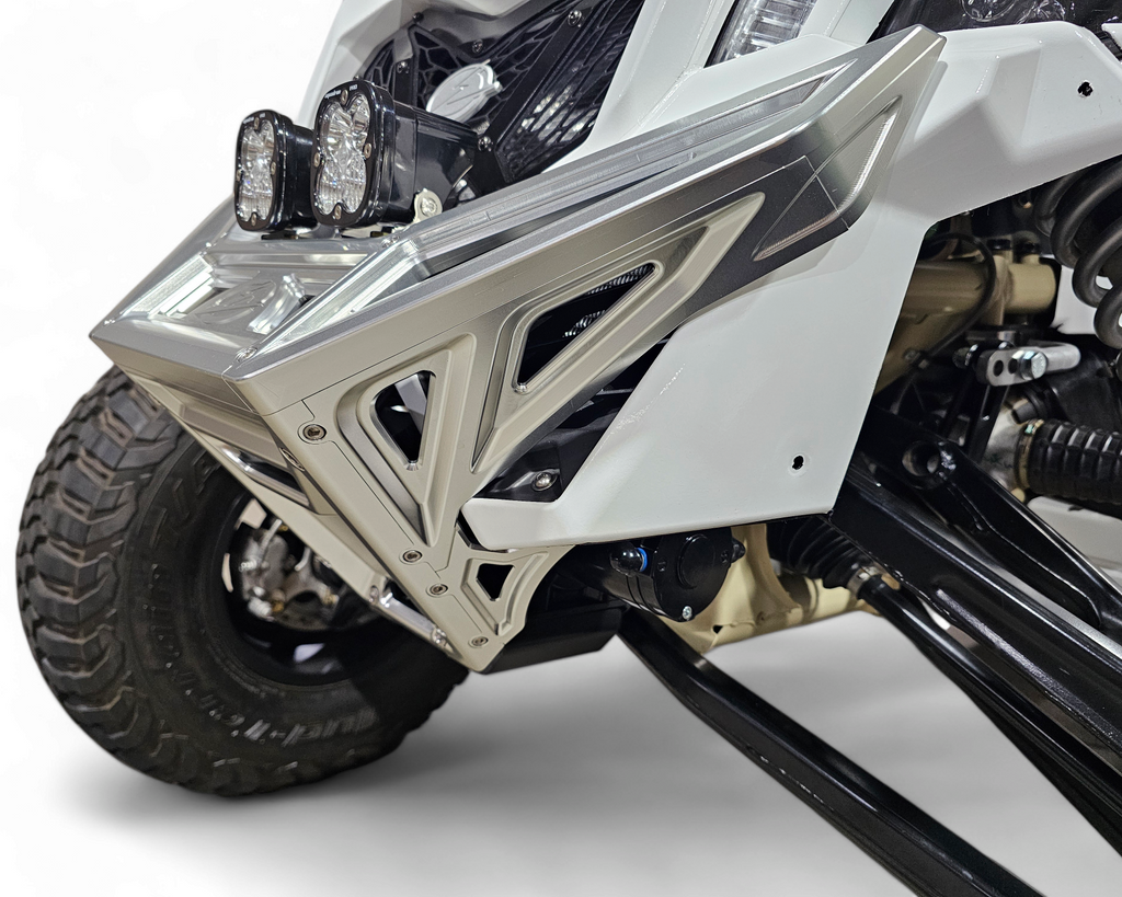 Overhead view of Can-Am Maverick X3 billet front winch bumper showing winch bay and light mount layout
